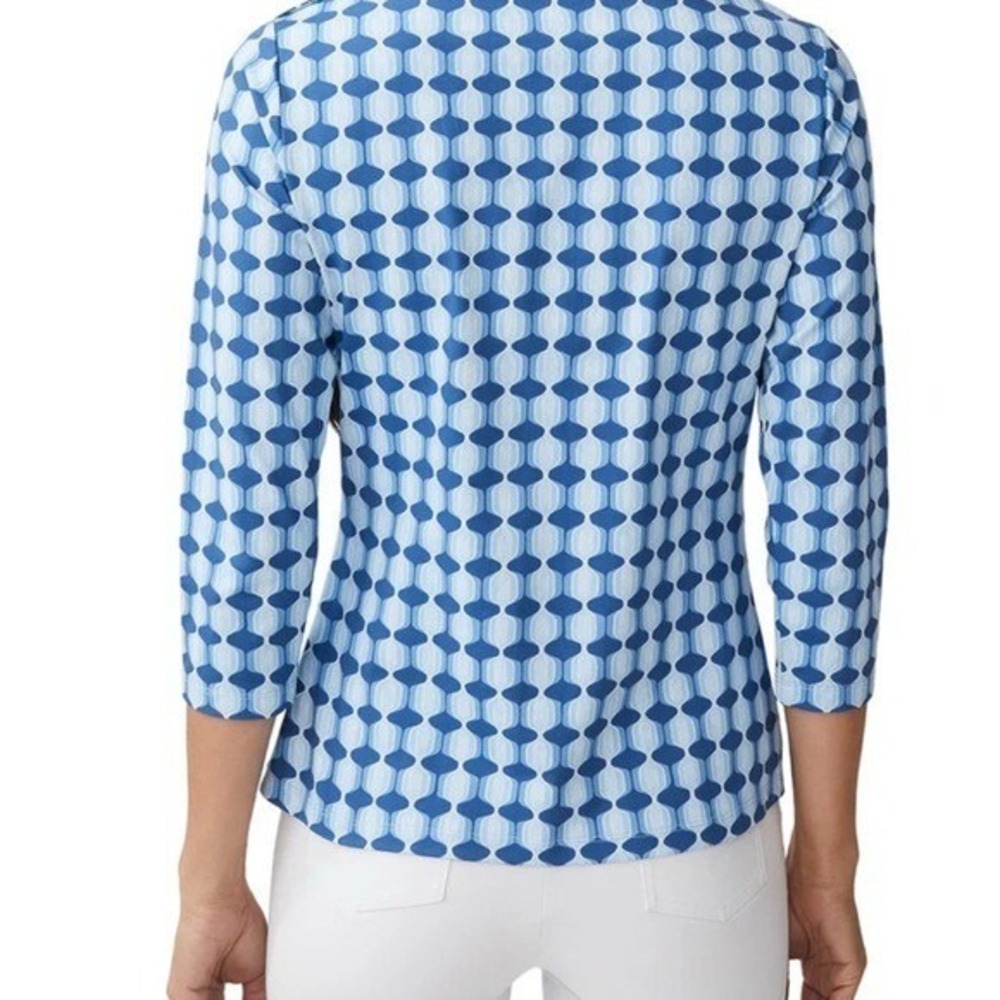 J.McLaughlin Blue Geometric Boatneck 3/4 Sleeve Button Shoulder Top Size S - Picture 2 of 9